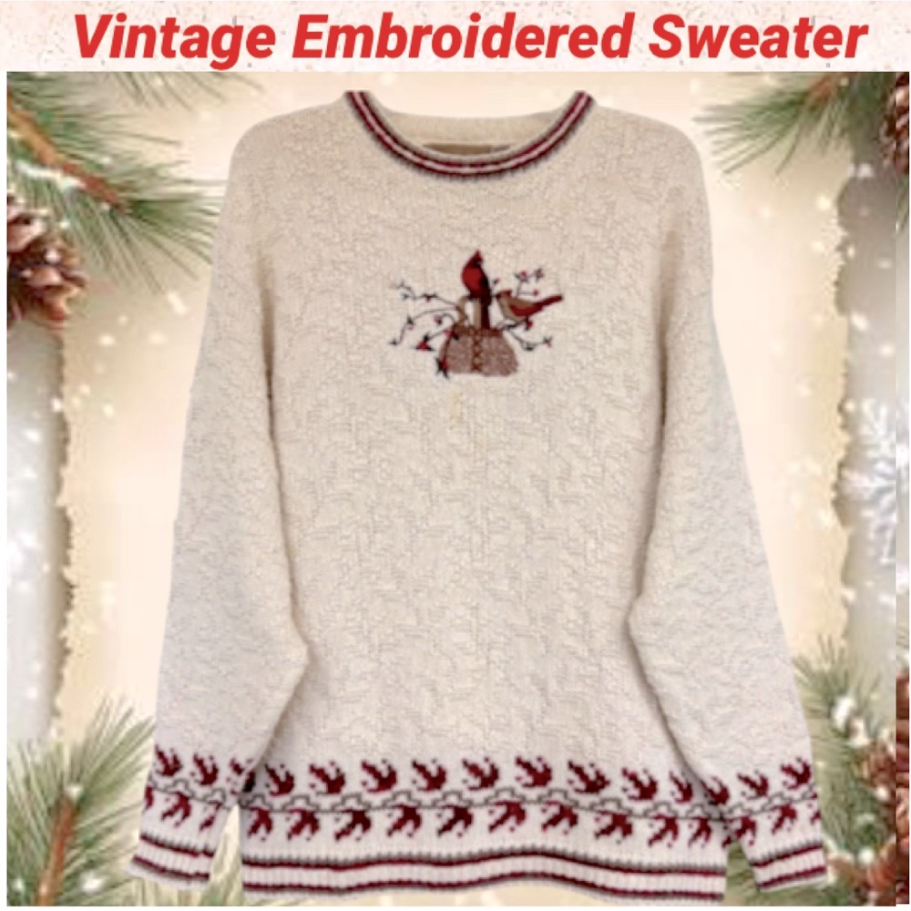 Vintage Sweater 80s USA Made Red Cardinal Bird Chunky Textured Knit Size X Large